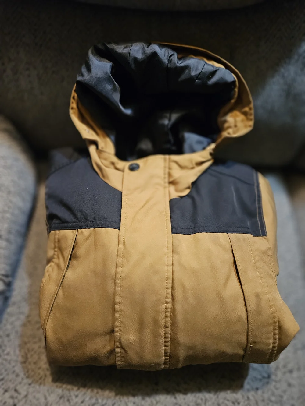 Kids Insulated Hooded Puffer Jacket in Tan with Dark Shoulder Panels